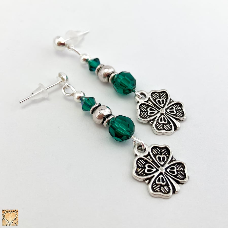 Handmade Silver and Green Four Leaf Clover Drop Earrings