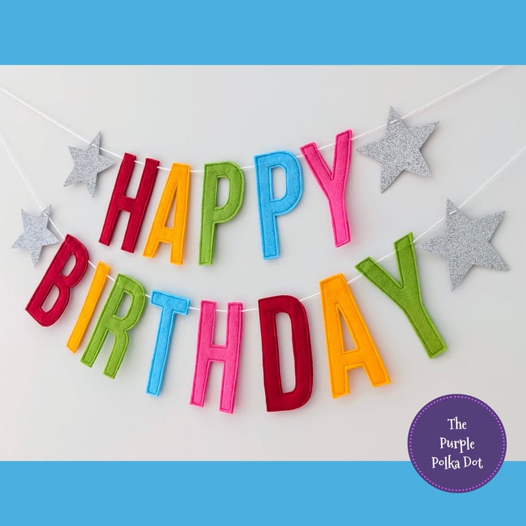 Happy birthday garland handmade from wool blend felt in bright rainbow colours