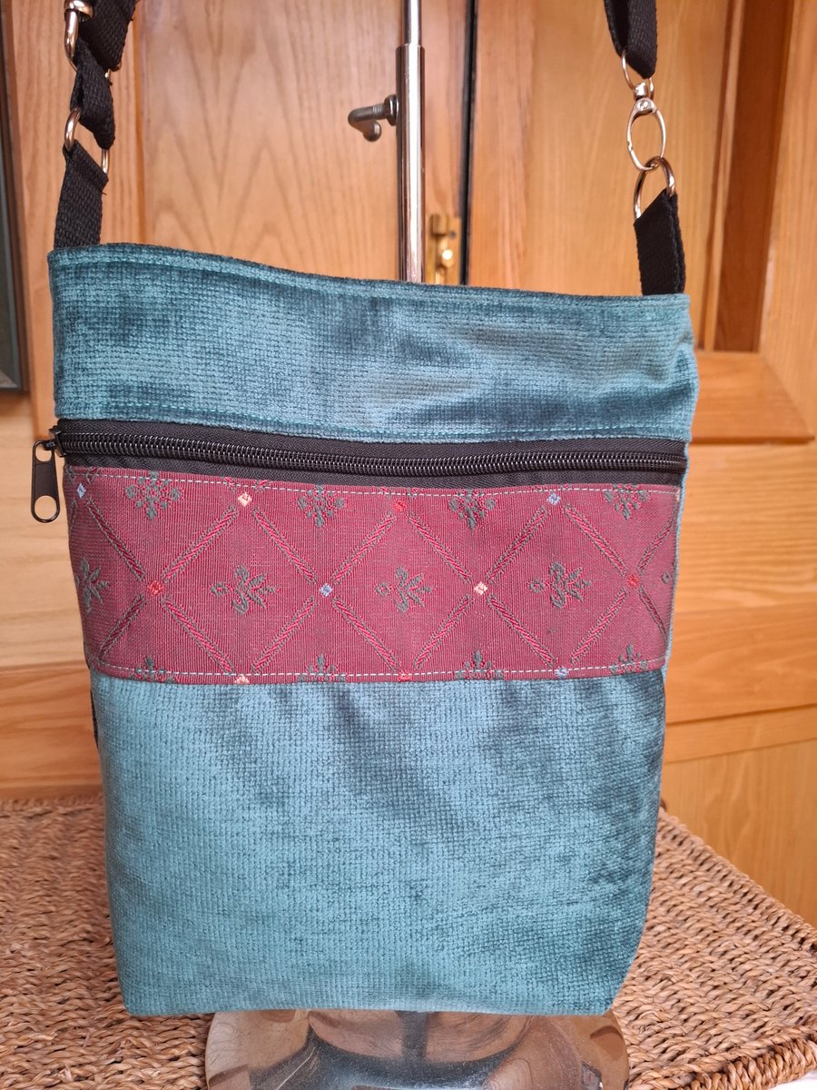 Teal velvet and maroon bag