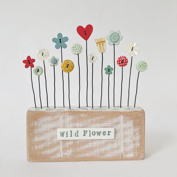 Clay and Button Flower Garden in Wood Block 'Wild Flower'