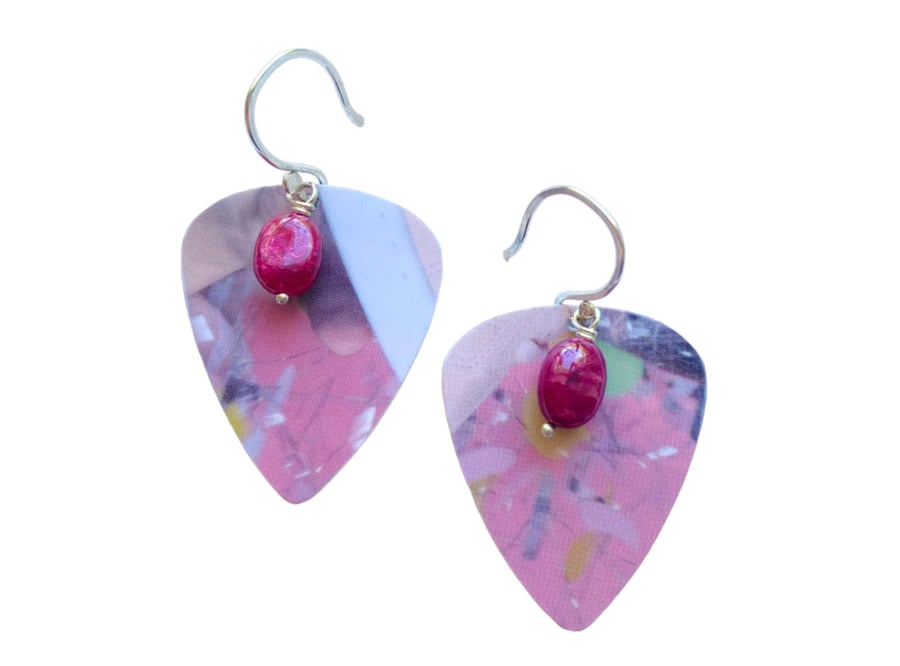 Recycled Plastic Pink Terrazzo Guitar Pick Earrings with Ruby