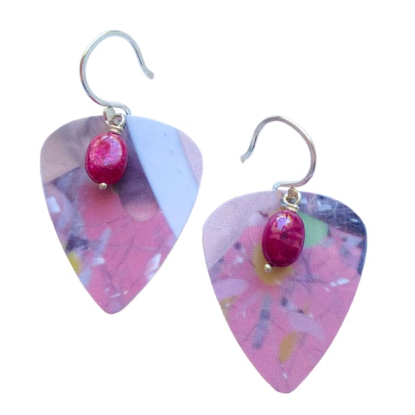 Recycled Plastic Pink Terrazzo Guitar Pick Earrings with Ruby