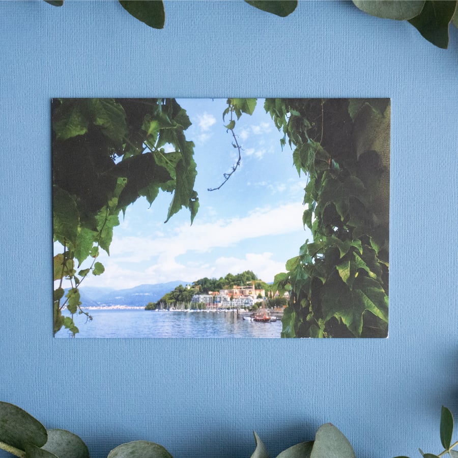 Foliage Framed Lago Maggiore - Blank Landscape Greetings Card & Envelope