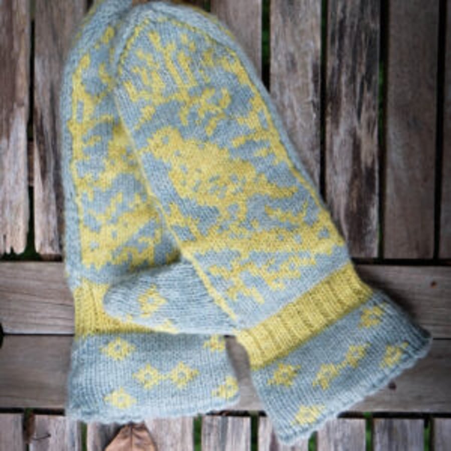 Pure Shetland Fairisle mittens in dove grey and golden yellow. 