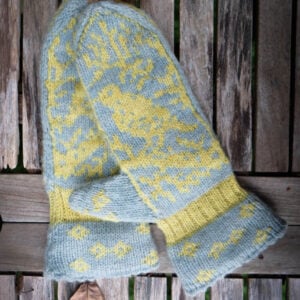 Pure Shetland Fairisle mittens in dove grey and golden yellow. 