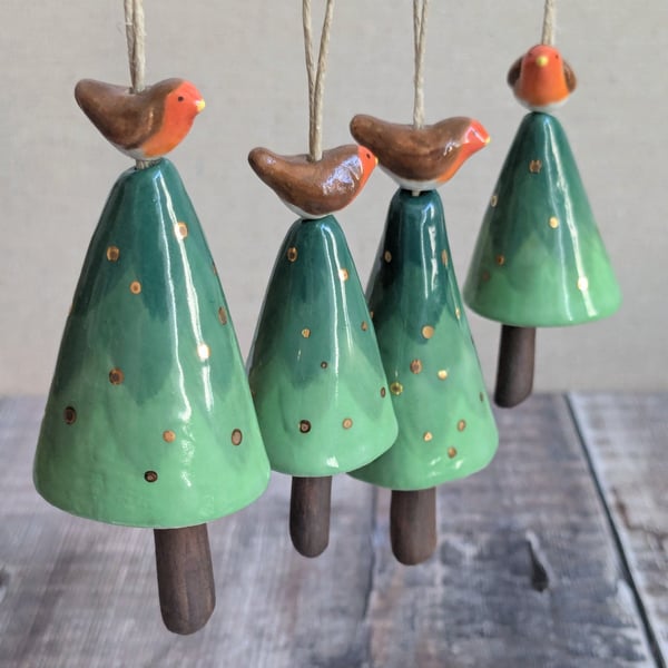 A single small ceramic Christmas tree dangly decoration, mini robin, gold detail