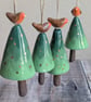 A single small ceramic Christmas tree dangly decoration, mini robin, gold detail