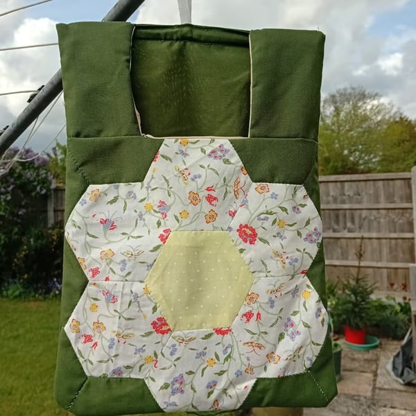 Patchwork peg bag in green and Laura Ashley "Floribunda". Shoulder strap. 
