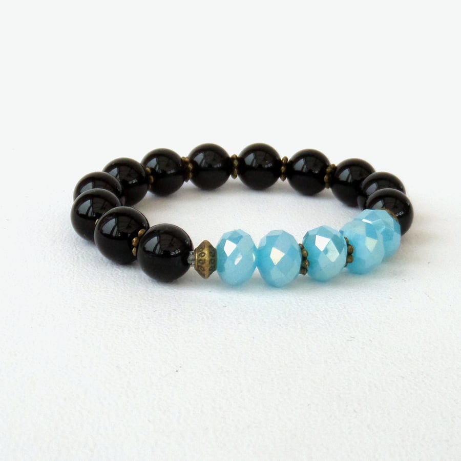 Black onyx and blue crystal stretchy bracelet