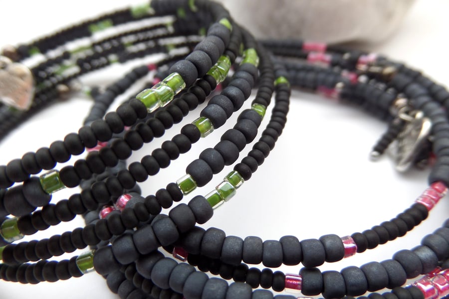 Matt Black Beaded Memory Bangles, lime or pink