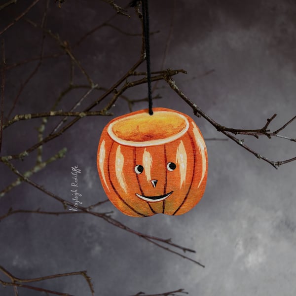Vintage style Halloween pumpkin hanging decoration, made from wood
