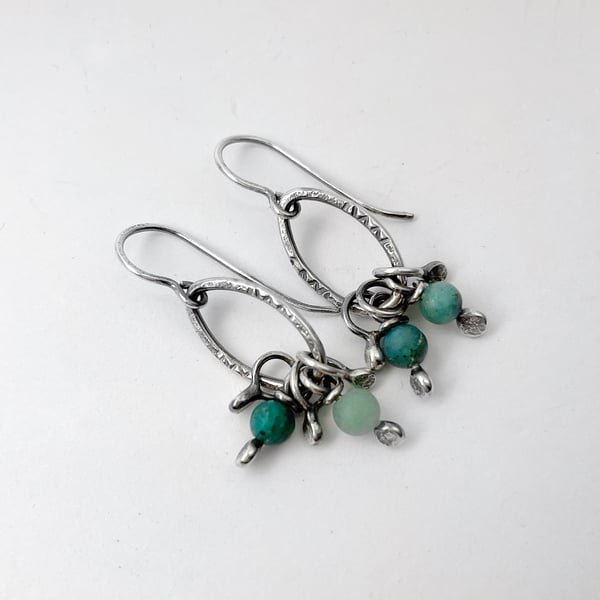 Oxidised sterling silver and teal chrysocolla small dangly earrings