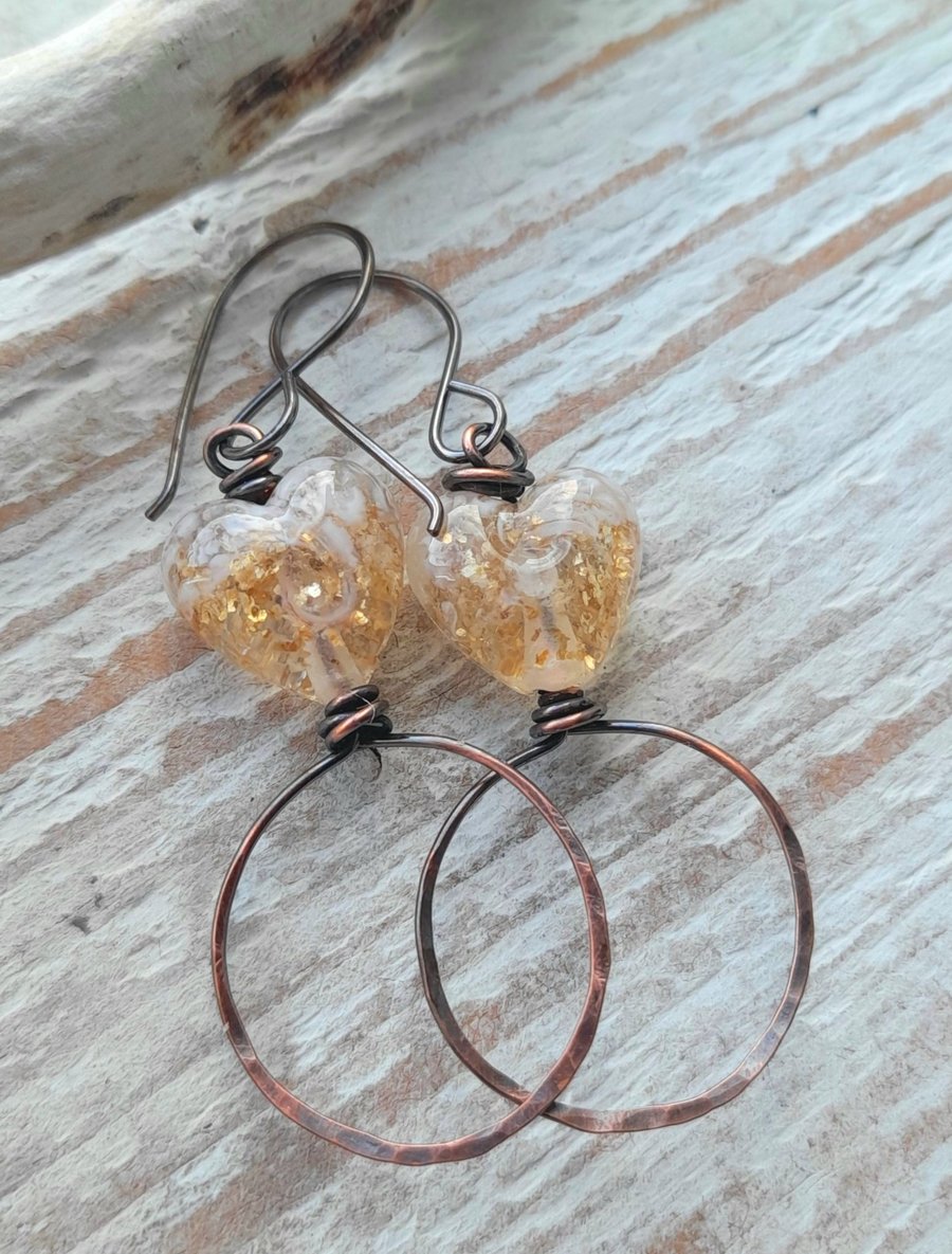 Copper Earrings with Lampwork Glass Heart Beads
