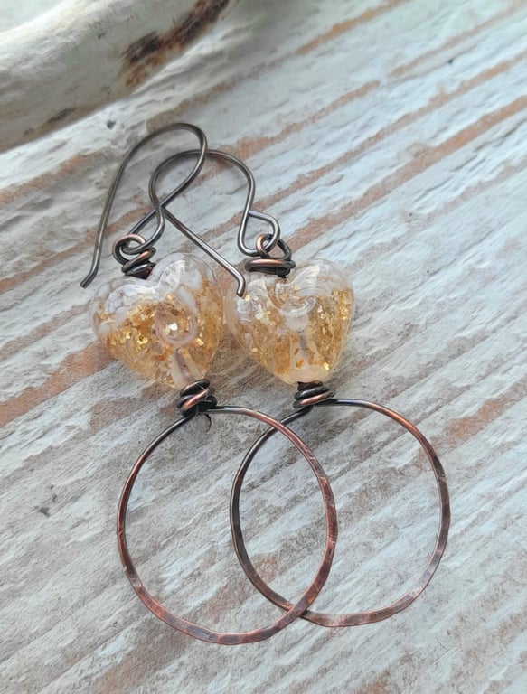 Copper Earrings with Lampwork Glass Heart Beads
