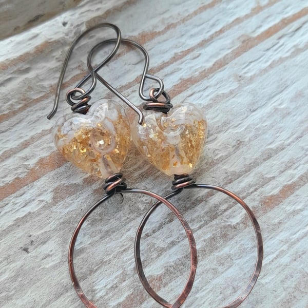 Copper Earrings with Lampwork Glass Heart Beads