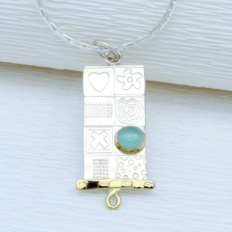 Handmade sterling silver pendant necklace,  Aqua Chalcedony gemstone, large