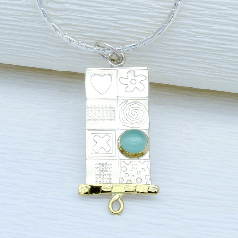 Handmade sterling silver pendant necklace,  Aqua Chalcedony gemstone, large