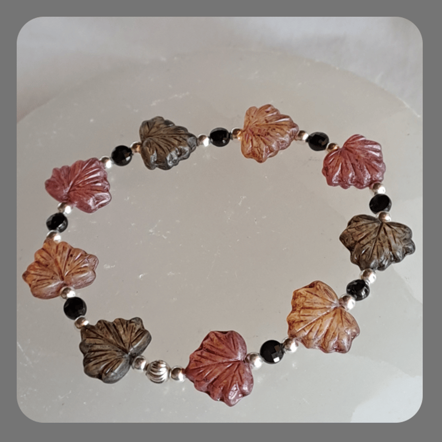 Czech glass, Black Spinel and Sterling Silver Leaf bracelet