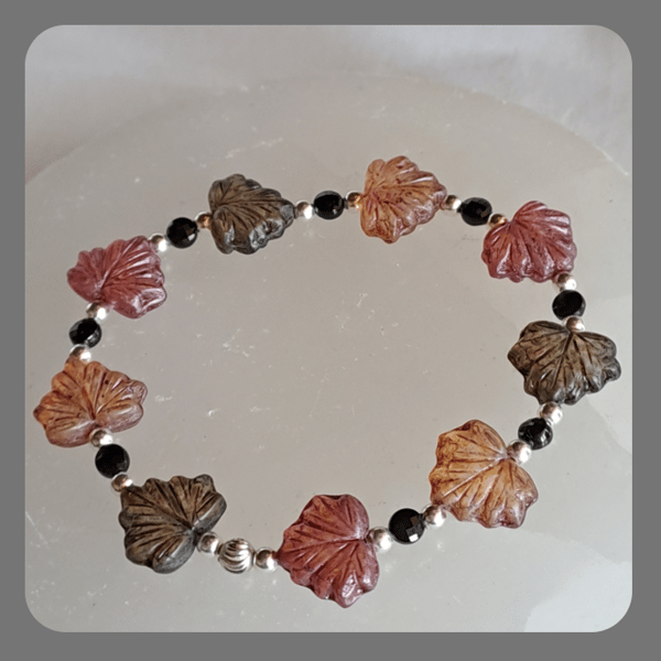 Czech glass, Black Spinel and Sterling Silver Leaf bracelet