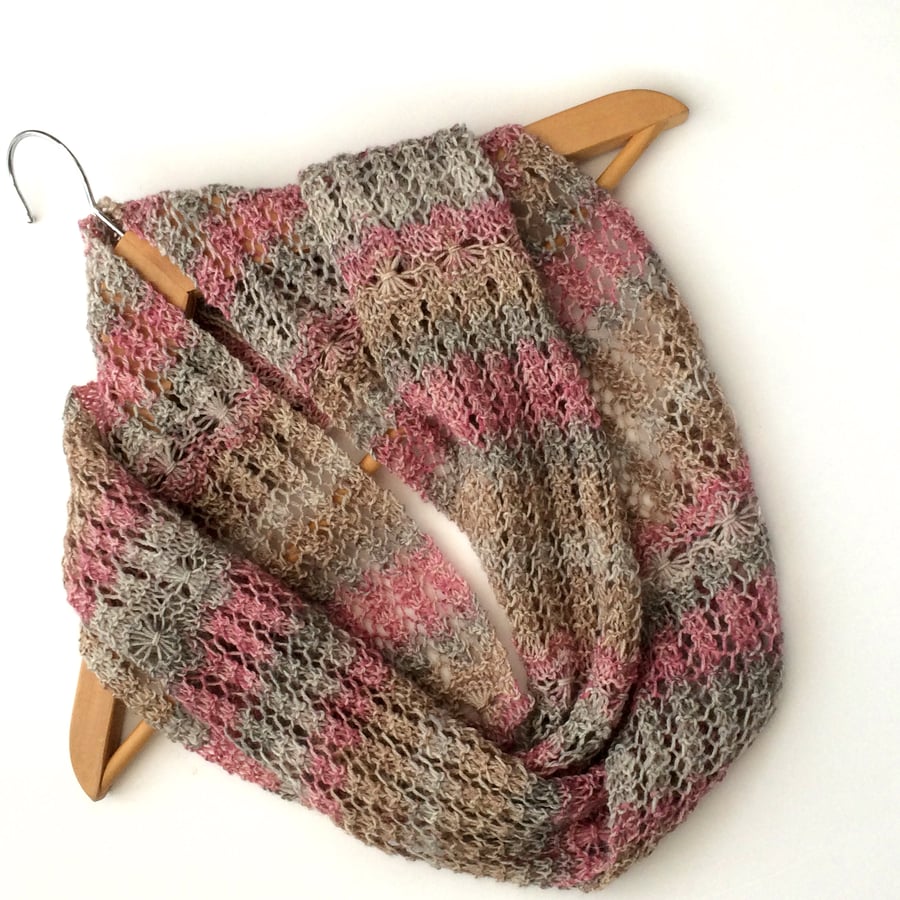 Hand Knitted Pastel striped lace infinity scarf