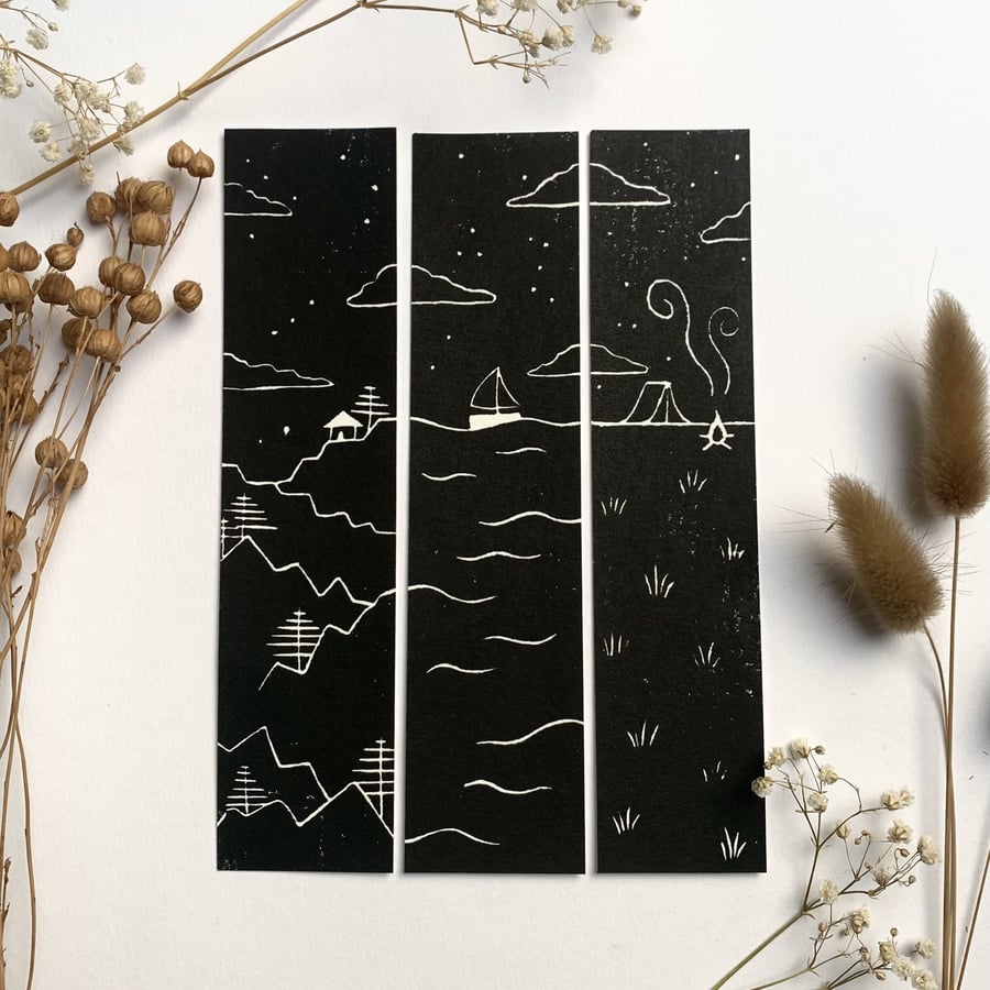 Set of handprinted linocut bookmarks