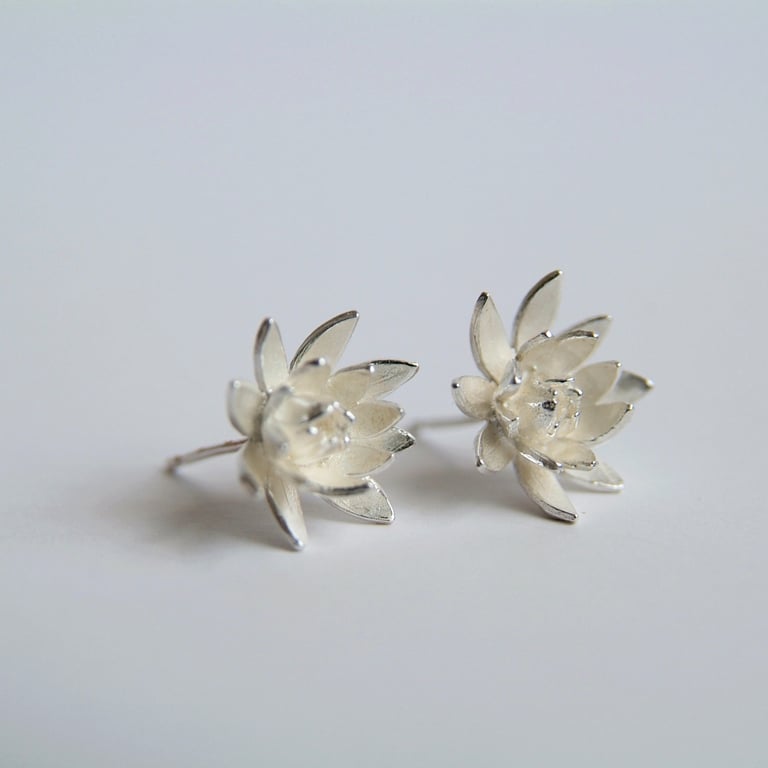 Silver Lotus Flower Earrings - Petal Stud Earrings 