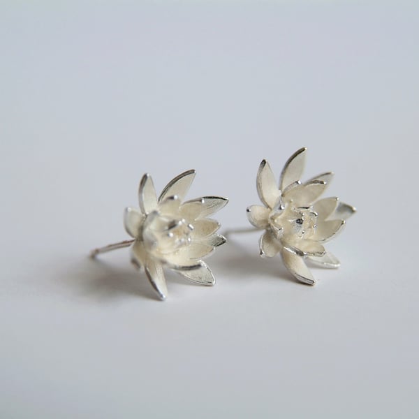 Silver Lotus Flower Earrings - Petal Stud Earrings 