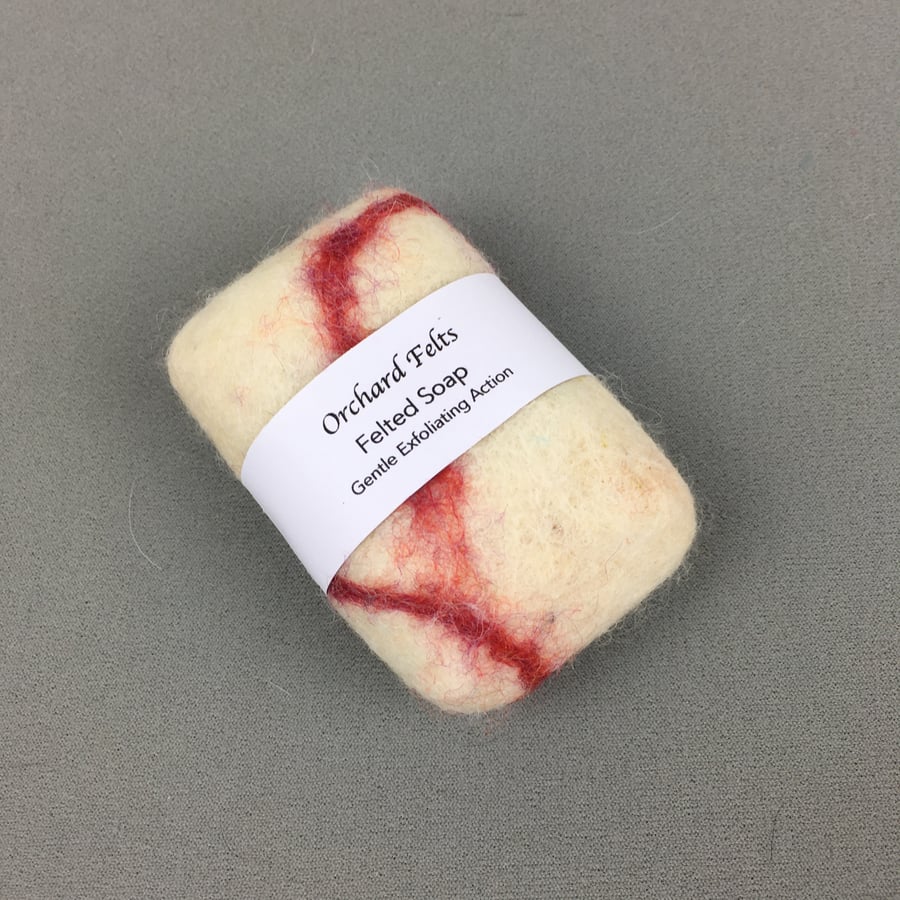Felted pebble soap, white with red veins