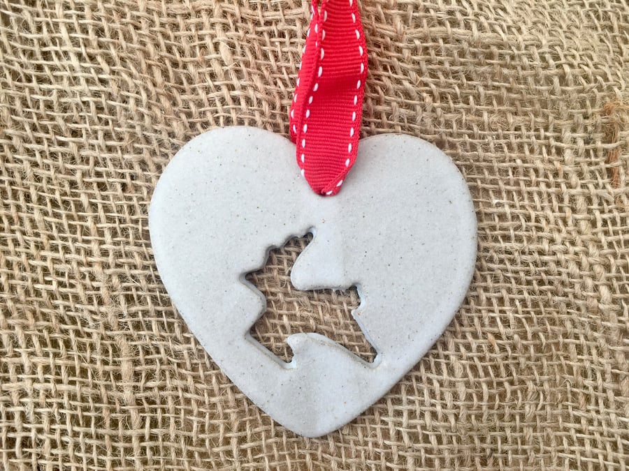Ceramic christmas reindeer hanger,  Love heart hanger, handmade pottery