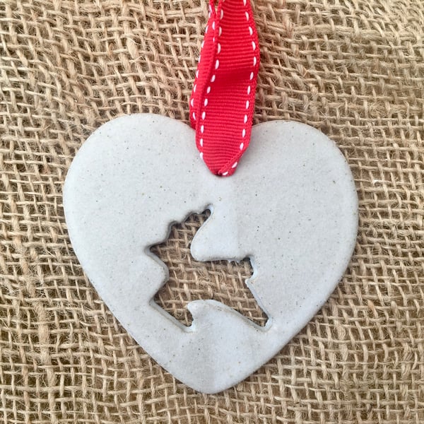 Ceramic christmas reindeer hanger,  Love heart hanger, handmade pottery