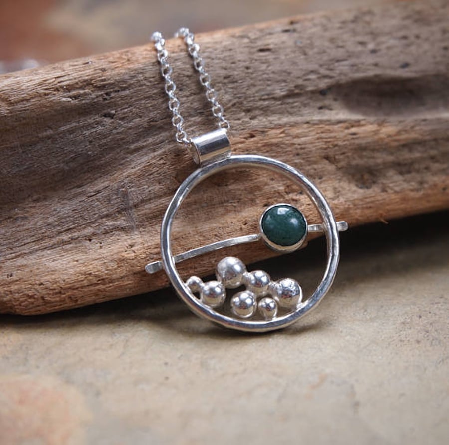 Silver pendant, green moss agate pendant