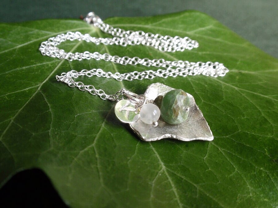 Sterling silver ivy leaf necklace with Peruvian opal and moonstone