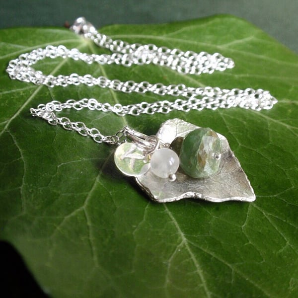 Sterling silver ivy leaf necklace with Peruvian opal and moonstone