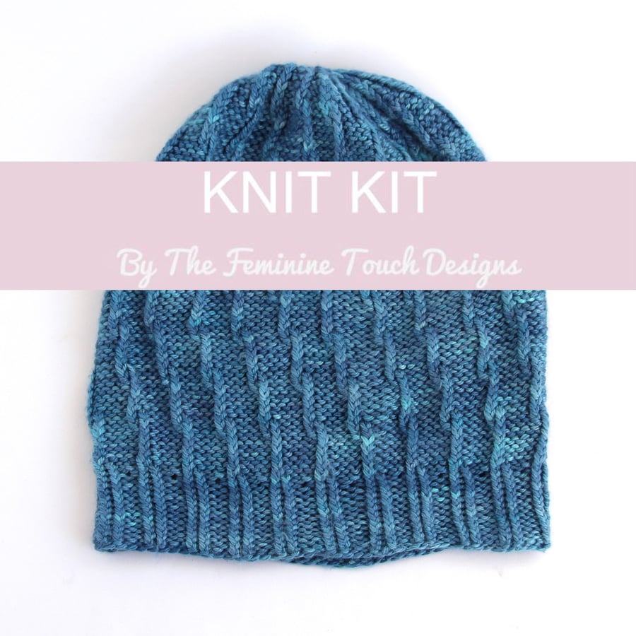 Slouchy Beanie Hat knitting kit with hand dyed yarn