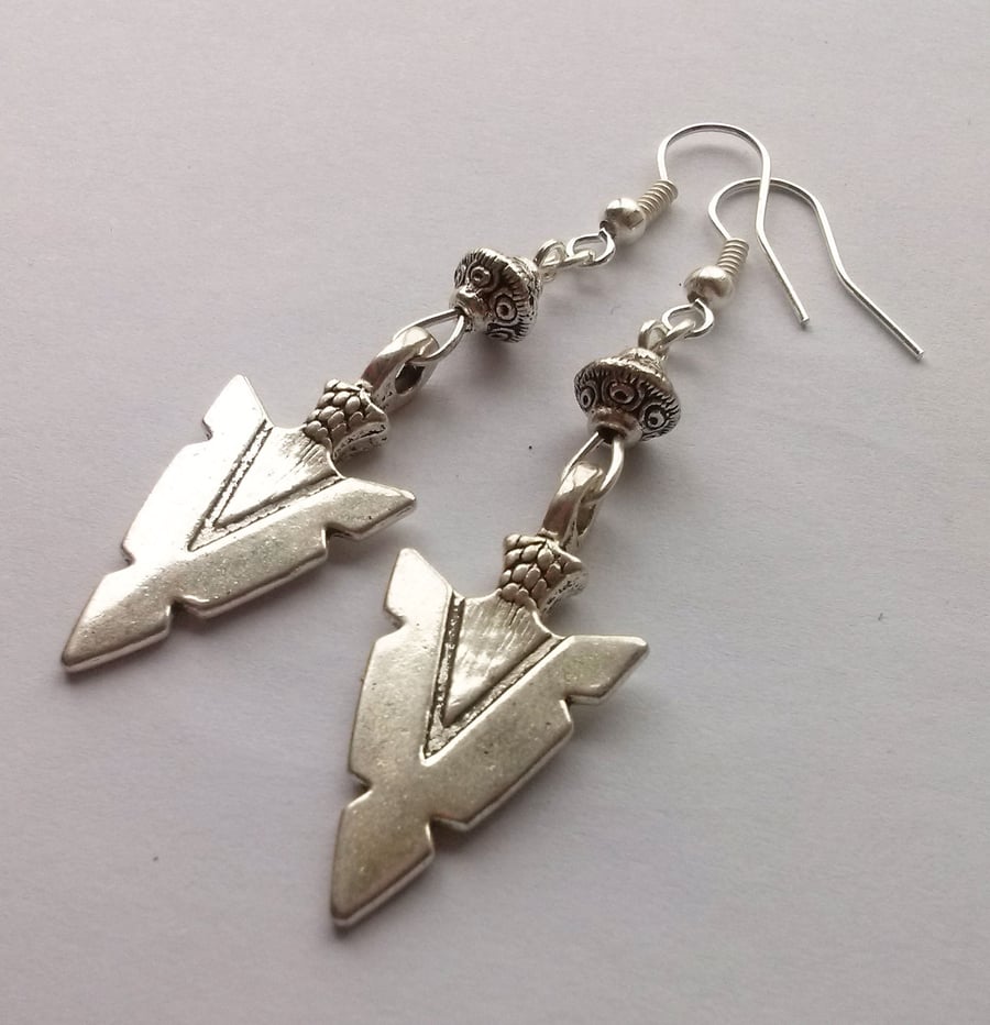 Silver Plate Giant Arrow Arrowhead Tribal Dangling Earrings