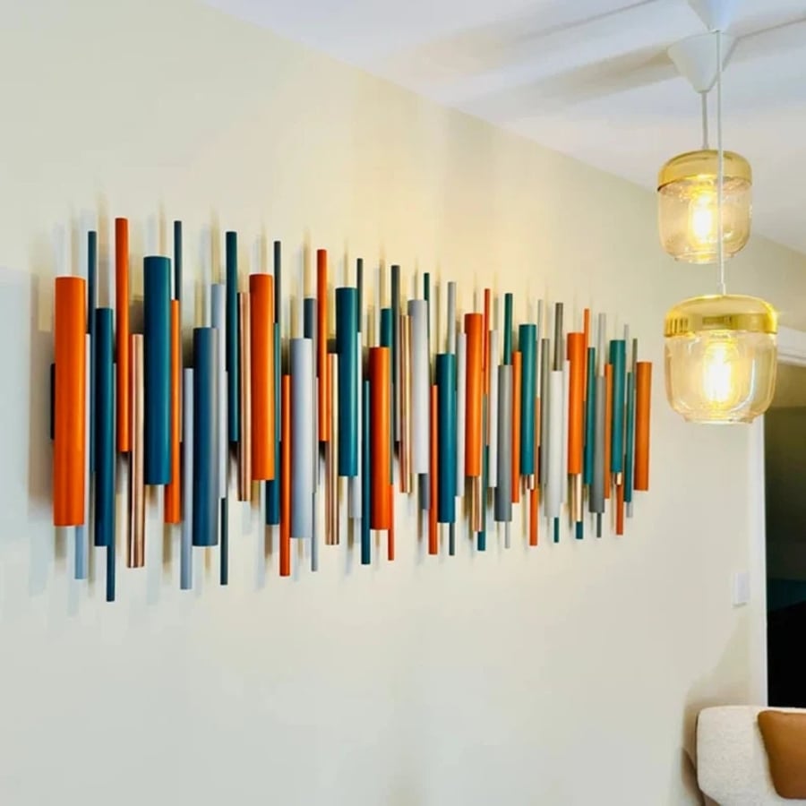 Modern Cylindrical Wall Art, Orange and Teal Decor, Copper Art