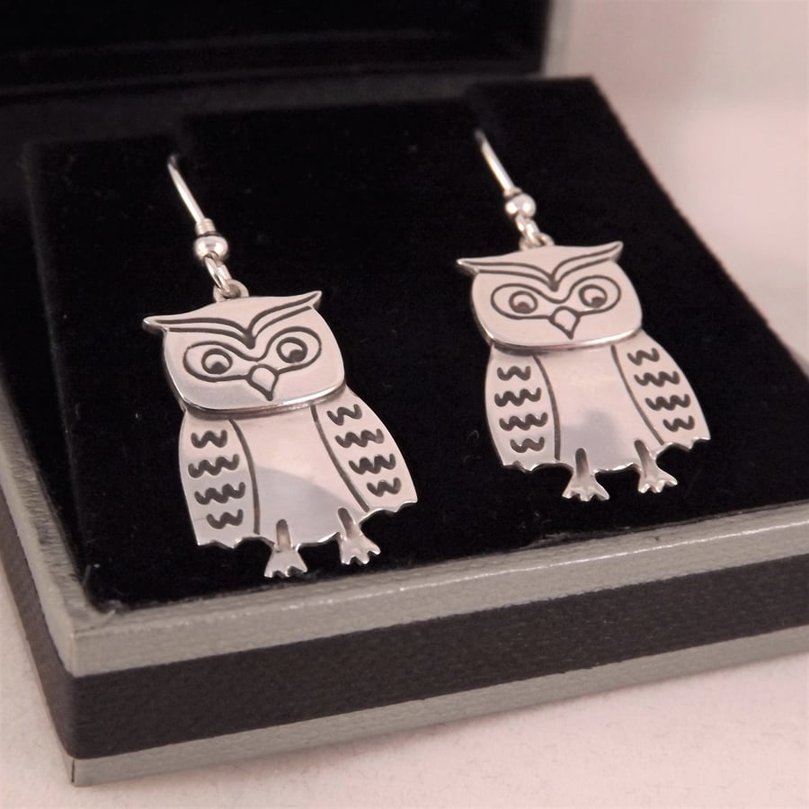 Owl Drop Earrings, Silver Bird Jewellery, Handmade Animal Gift, Nature Earrings