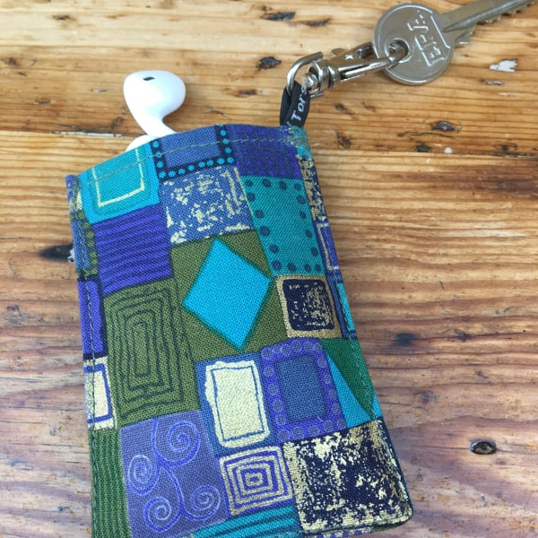 Travel Card holder in Klimt inspired blue, gold & teal fabric with key clip