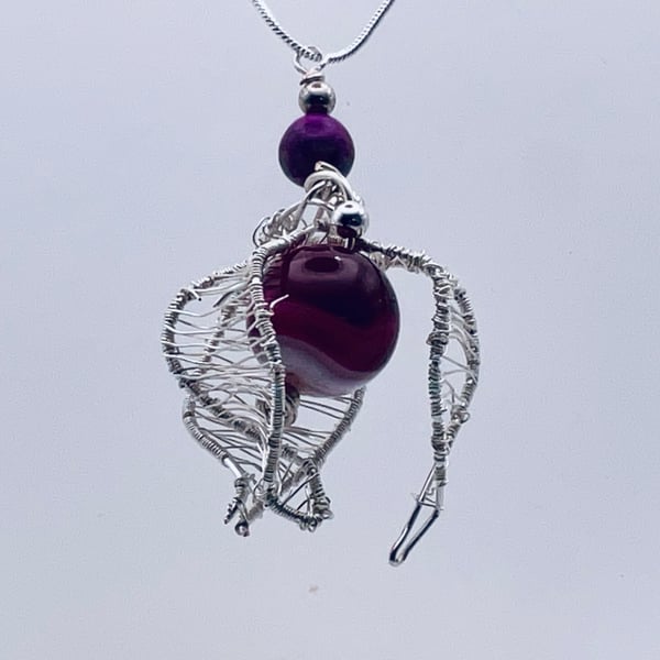Stunning deep petaled fuchsia agate and silver wired ‘fruit’ pendant