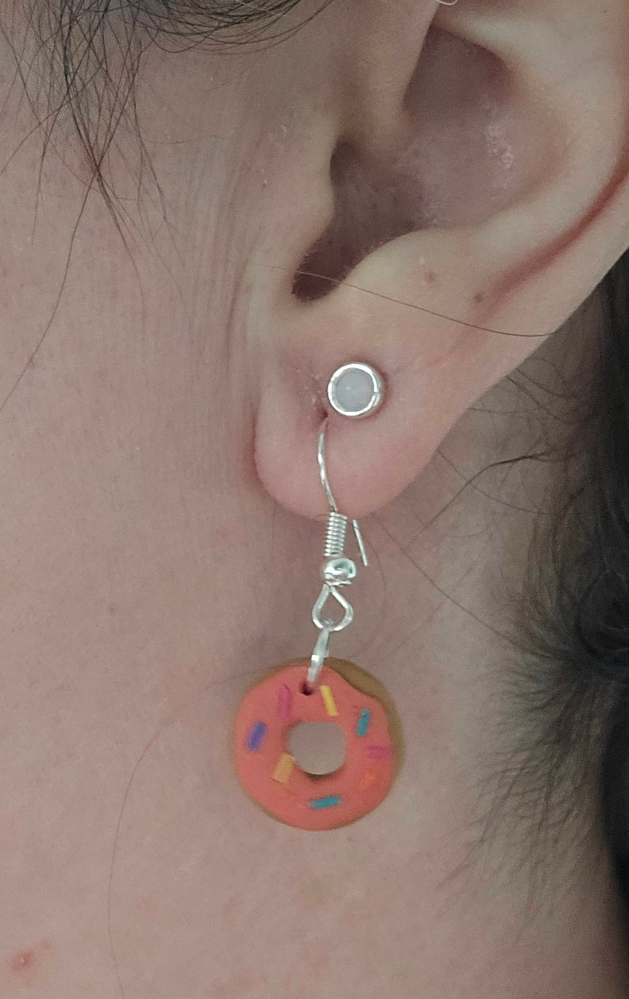 Handmade polymer clay peach sprinkle donut silver plated earrings