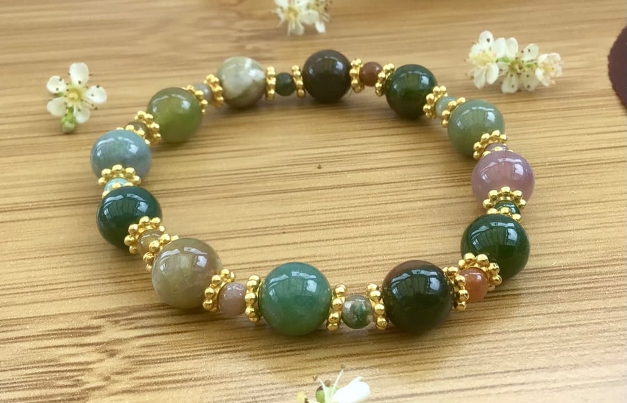 Earthy Indian agate beaded stretchy bracelet