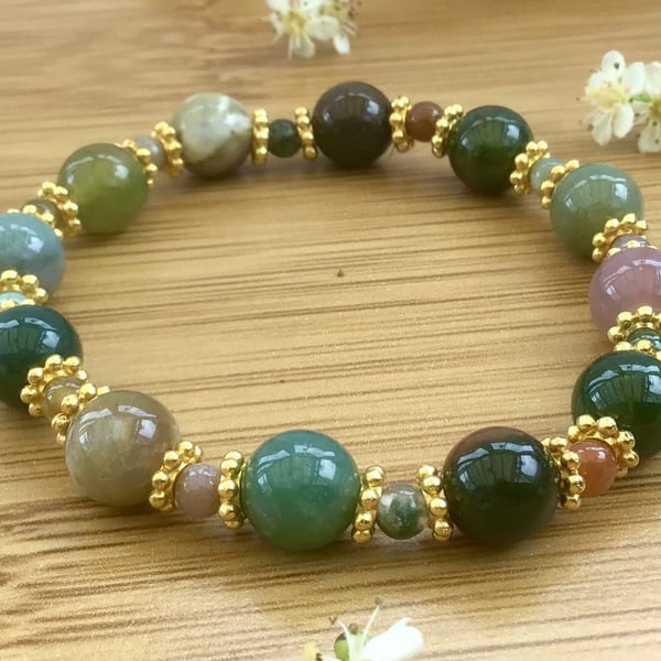 Earthy Indian agate beaded stretchy bracelet