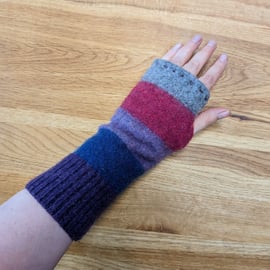 Stripey Purple & Grey Wrist Warmers Upcycled from Wool Mix Jumpers