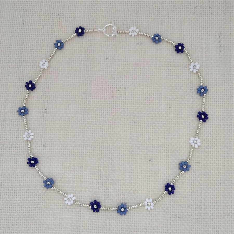 Navy, Blue and White Daisy Beaded Necklace