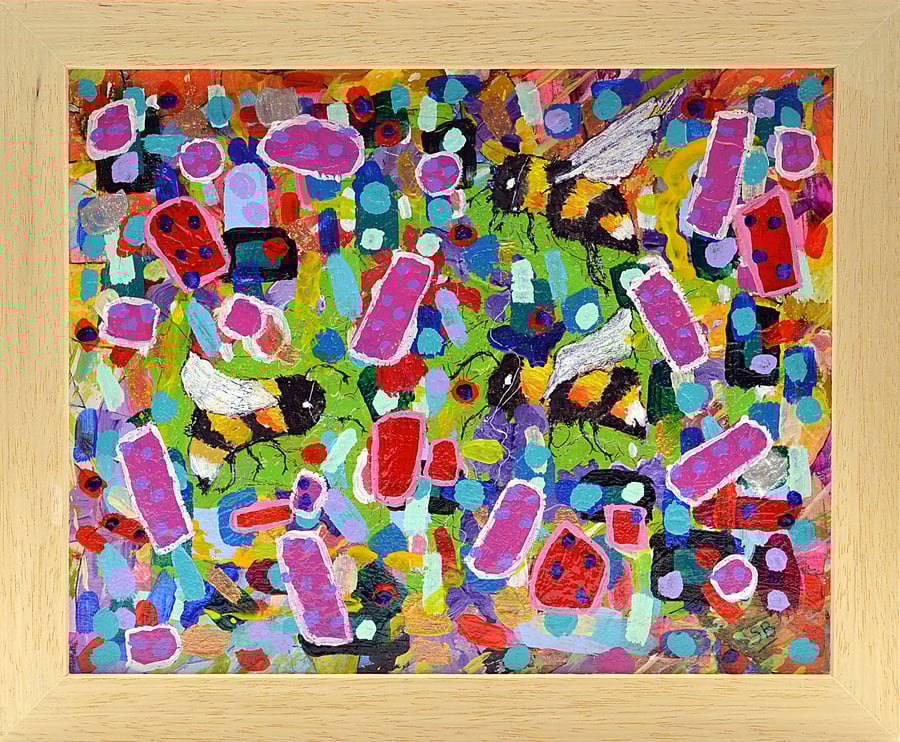 Deep Framed Colourful Painting of Bees in the Flowers