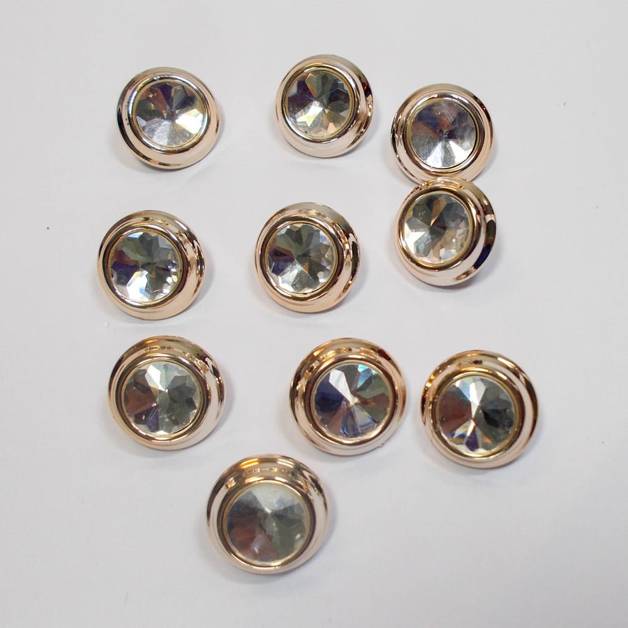 Gold faux metal and glass fancy shank buttons 20mm approximately. Pack of 10