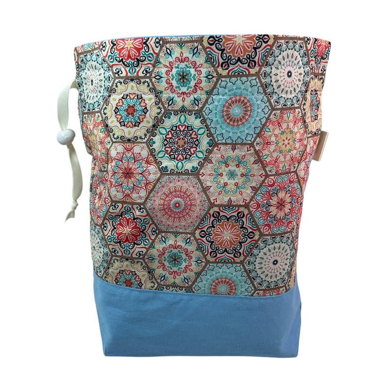 two at a time knitting bag with floral crochet print, drawstring divided pouch, 