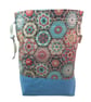 two at a time knitting bag with floral crochet print, drawstring divided pouch,  - Image 1