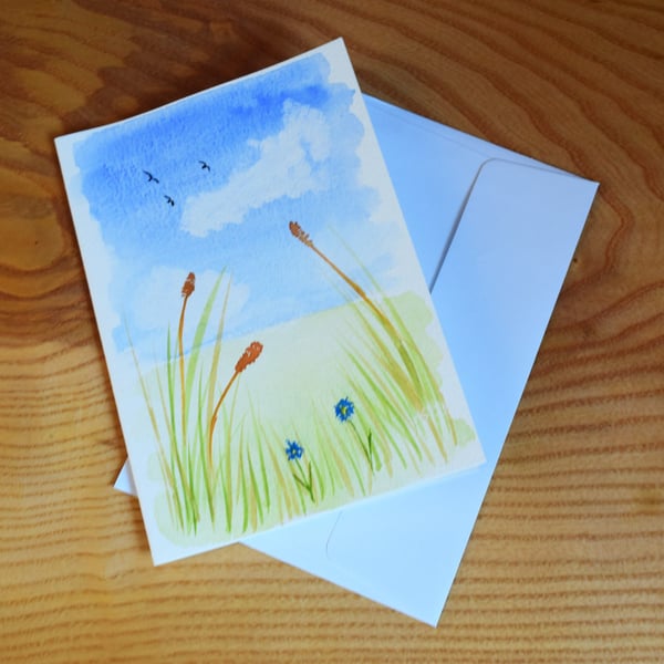 Summer field scene - Watercolour painting, greeting card, blank