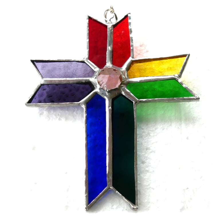 Cross Rainbow Suncatcher Stained Glass Handmade Crystal 